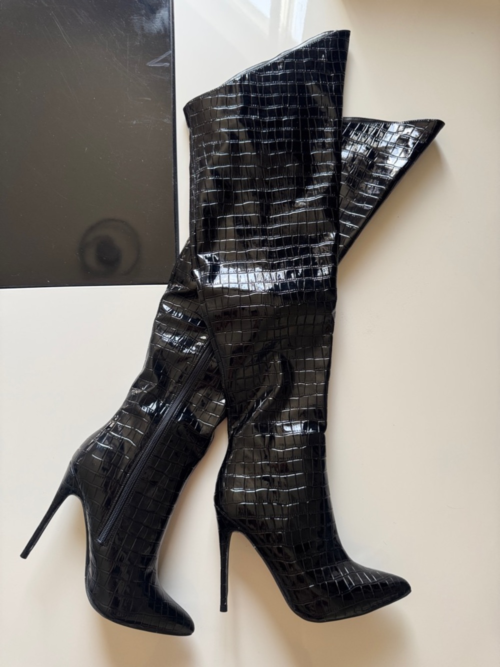Fashionova Valentina Black Croc-Embossed Stiletto Knee-High Boots